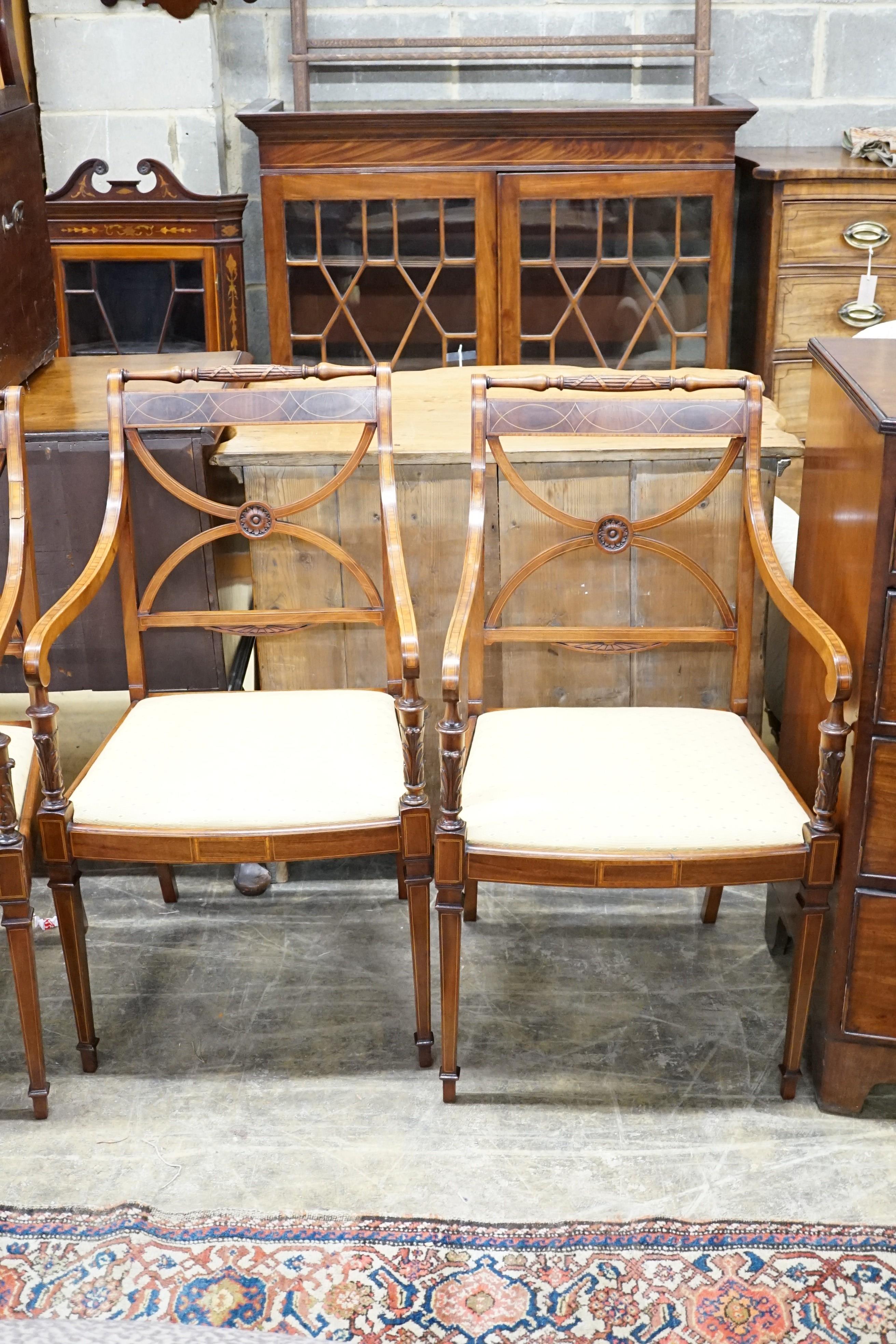 A set of four Sheraton revival inlaid mahogany salon chairs, width 52cm, height 93cm